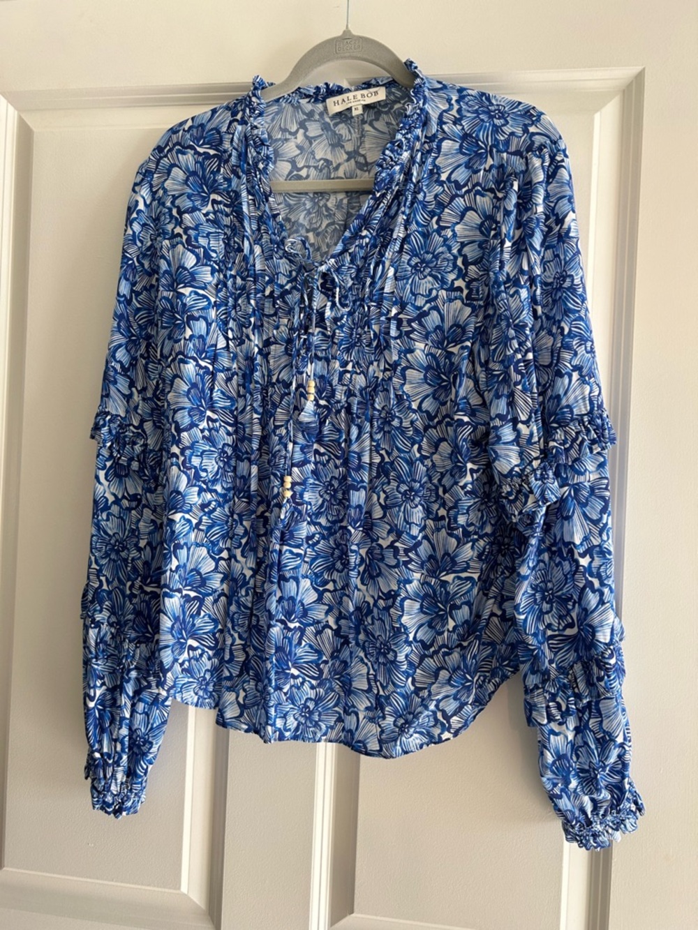 Hale Bob Blue Floral Tie-Neck Blouse